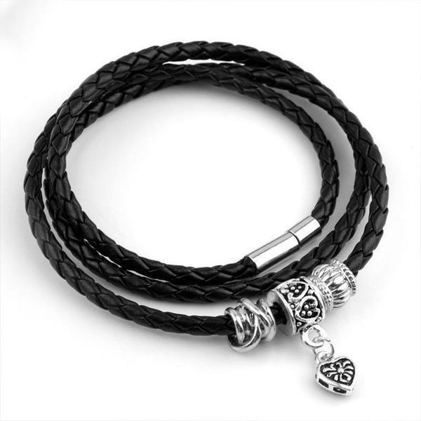 Silver charm leather bracelet