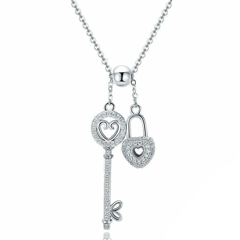Silver key of heart lock necklace